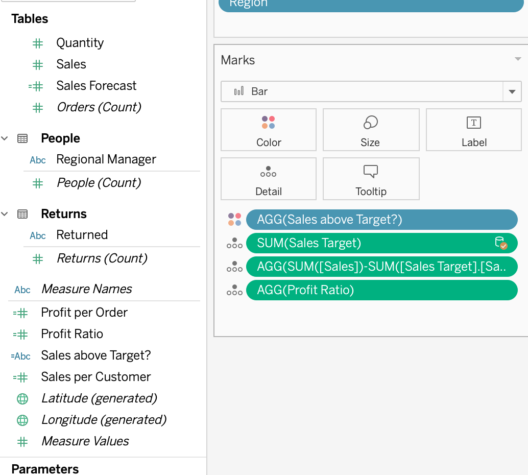 image_tooltip Screenshot of Superstore workbook’s measures with Profit Ration under Marks